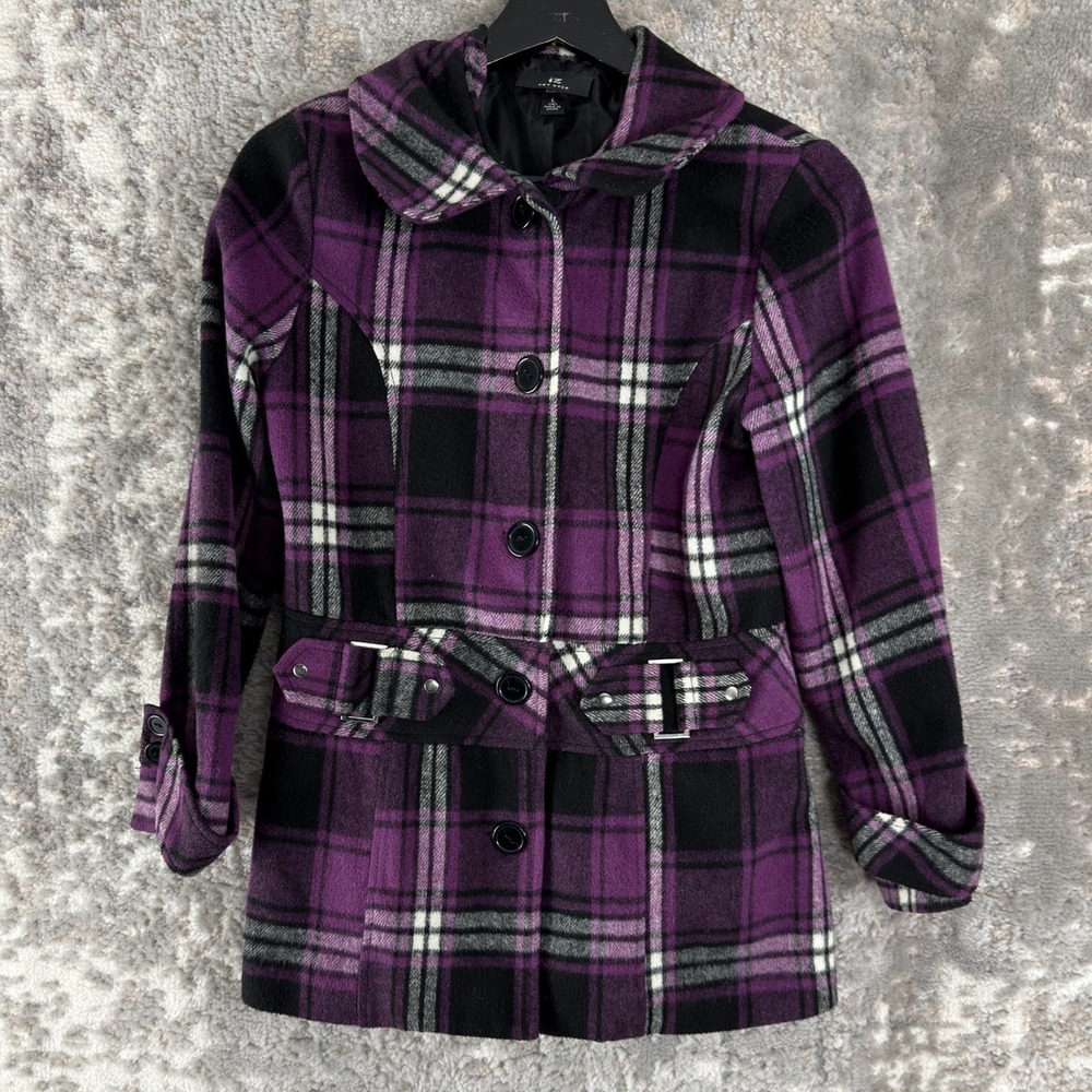 Iz Amy Byer Girls Size L 14 Plaid Wool Blend Outdoor Coat Purple Long Sleeve